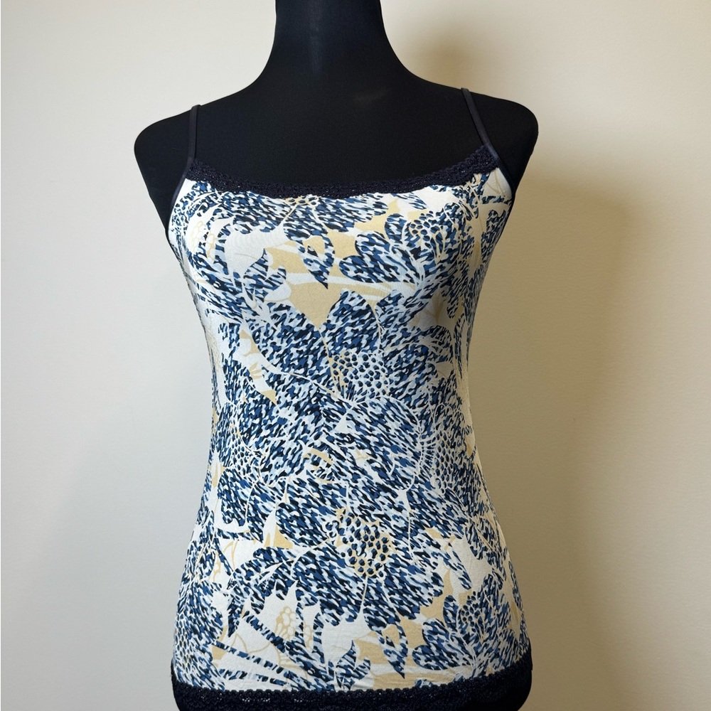 Jockey Sport Floral Tank Camisole Blue Cream Lace Trim Small
